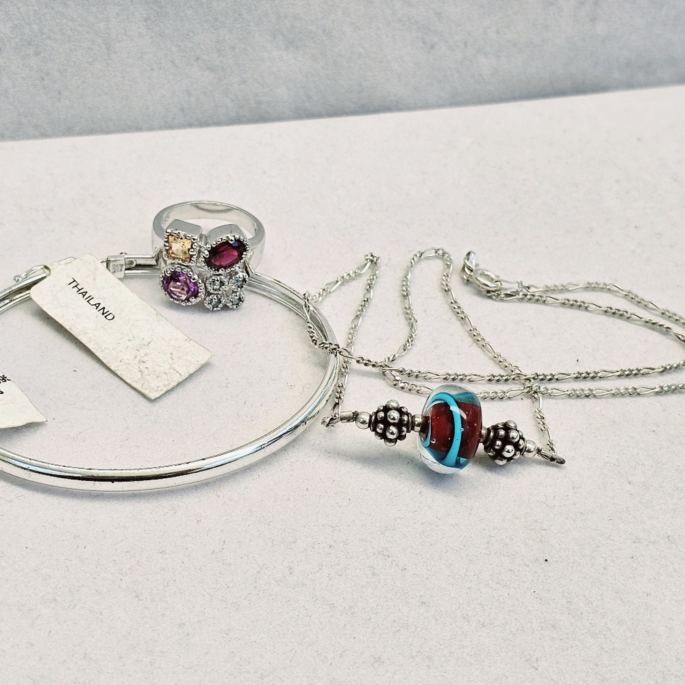 SET! Blown Glass Necklace with 925 Silver Cuff and 925 Ring Size 7 - Picture 4 of 16